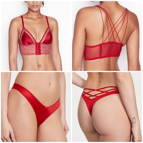 RARE  $9̶5̶ Victoria’s Secret Sexy Strappy Red Satin and Mesh Longline set - Picture 1 of 6